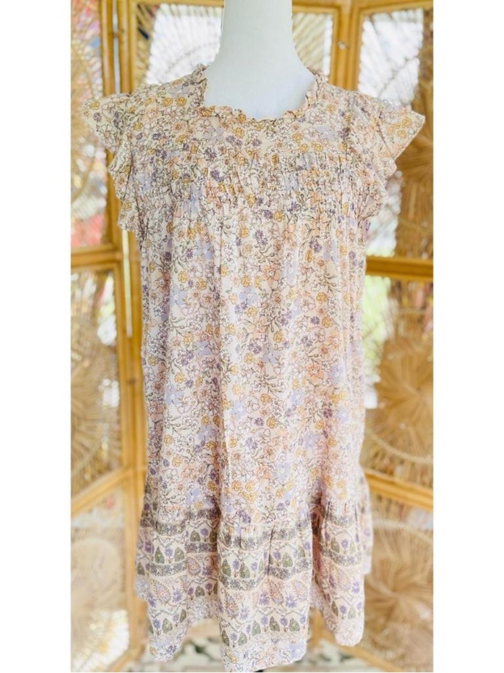 Aura Floral Trapeze Dress with Ruffle Flutter Sleeves Summer Romantic M